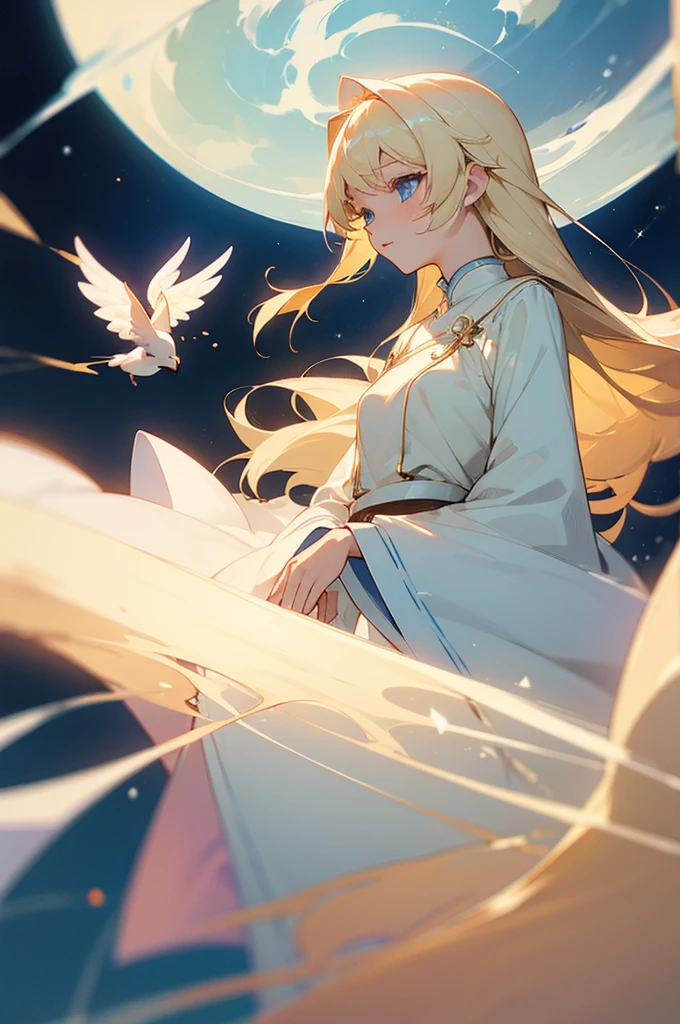 ((best quality)), ((masterpiece)), (detailed), female, soft, light complexion, regal, striking blue eyes, bleach blonde hair, long hair, celestial deity, beautiful flowy outfit, grown, not young