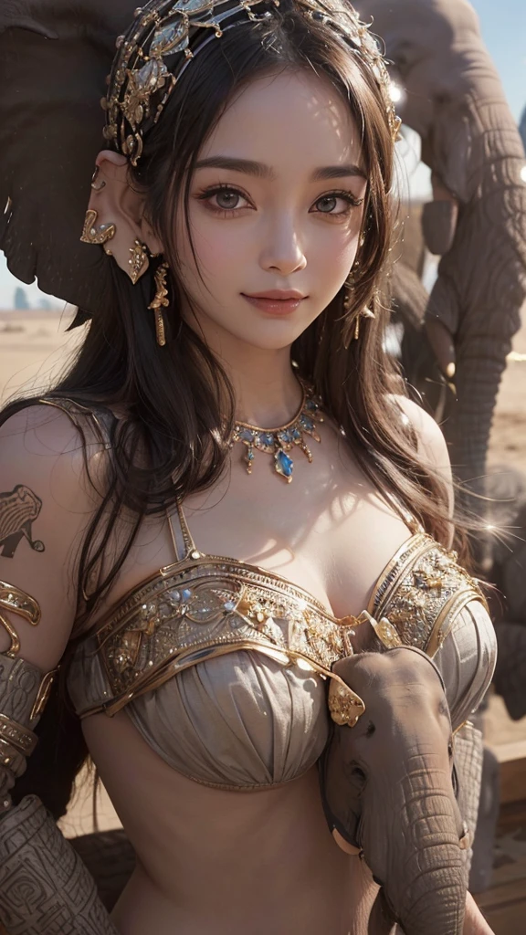 Hiding in the desert、Hair flow、 ((highest quality、masterpiece、8k、Best image quality、Ultra-high resolution、Award-winning works)、(Accurate anatomy:1.1)、(Look at me and smile:1.1)、Shining fair skin with Ultra-high resolution、The most detailed face、Ultra-high resolution detailed face、Ultra-high resolution hair、(Ultra-high resolutionのeyes :1.1)、Beautiful face drawn in every detail、(Blurred Background:1.1)、Ancient Islamic clothing, Chest to chest, tattoo, Old ruins in the background、(((Decorated elephant)))