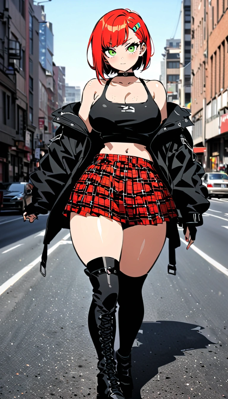 woman, red pixie cut hair, green eyes, wearing crop top black shirt, long black jacket, red plaid skirt, (black knee high boots), black fingerless gloves, exposed shoulders, large breasts, thick thighs, freckles, cleavage, looking at viewer, Holo-Punk Style, in the city