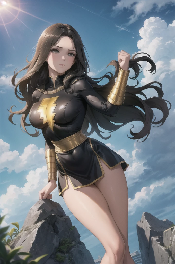 masterpiece, best quality,  mary marvel, black dress, black skirt, long sleeves, bracer, large breasts, skintight, wide hips, leaning forward, wink, looking at viewer, cityscape, sky, clouds, from below, pov, upper body