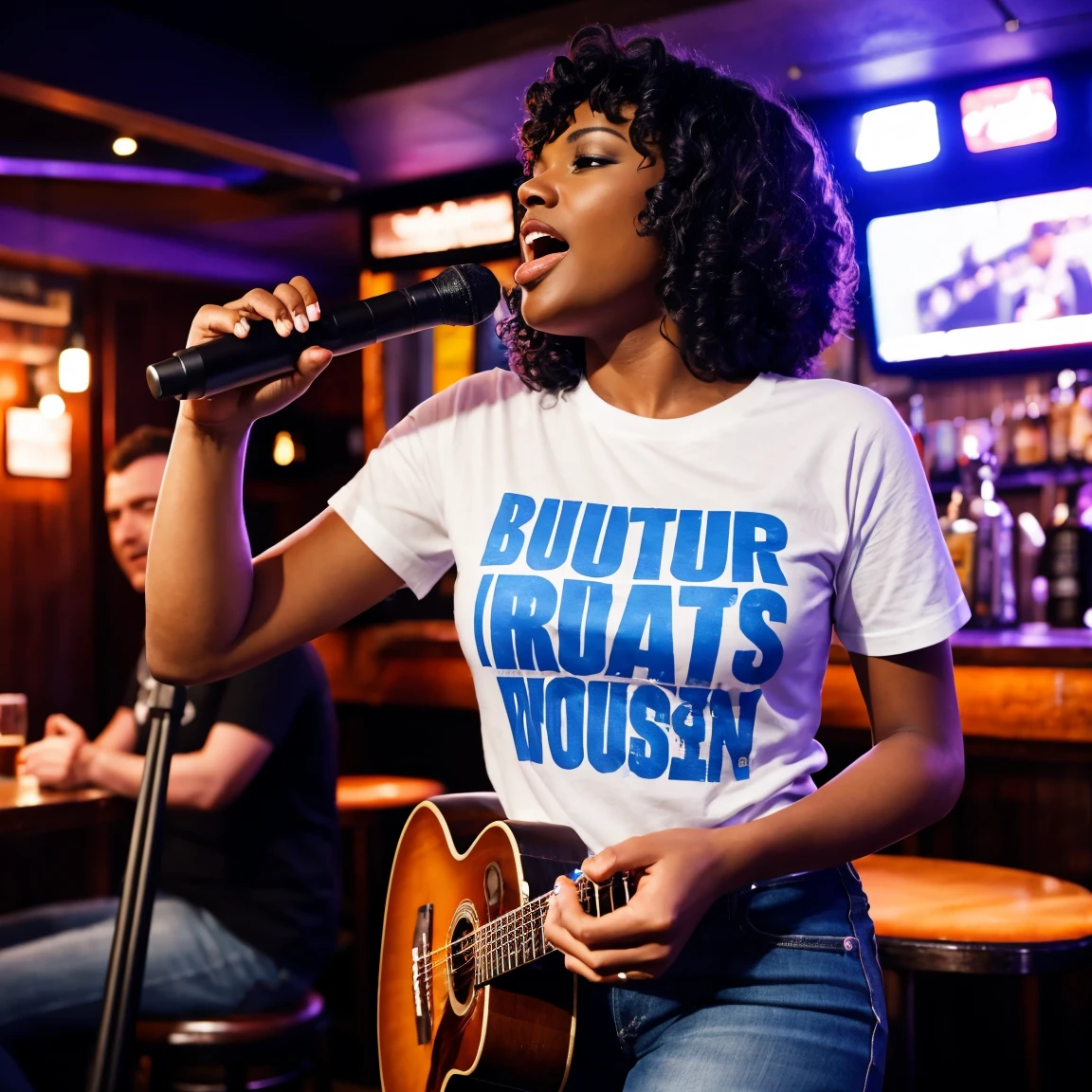 A very hot black female bluessinger singing in a pub, t shirt, microphone, band playing background 