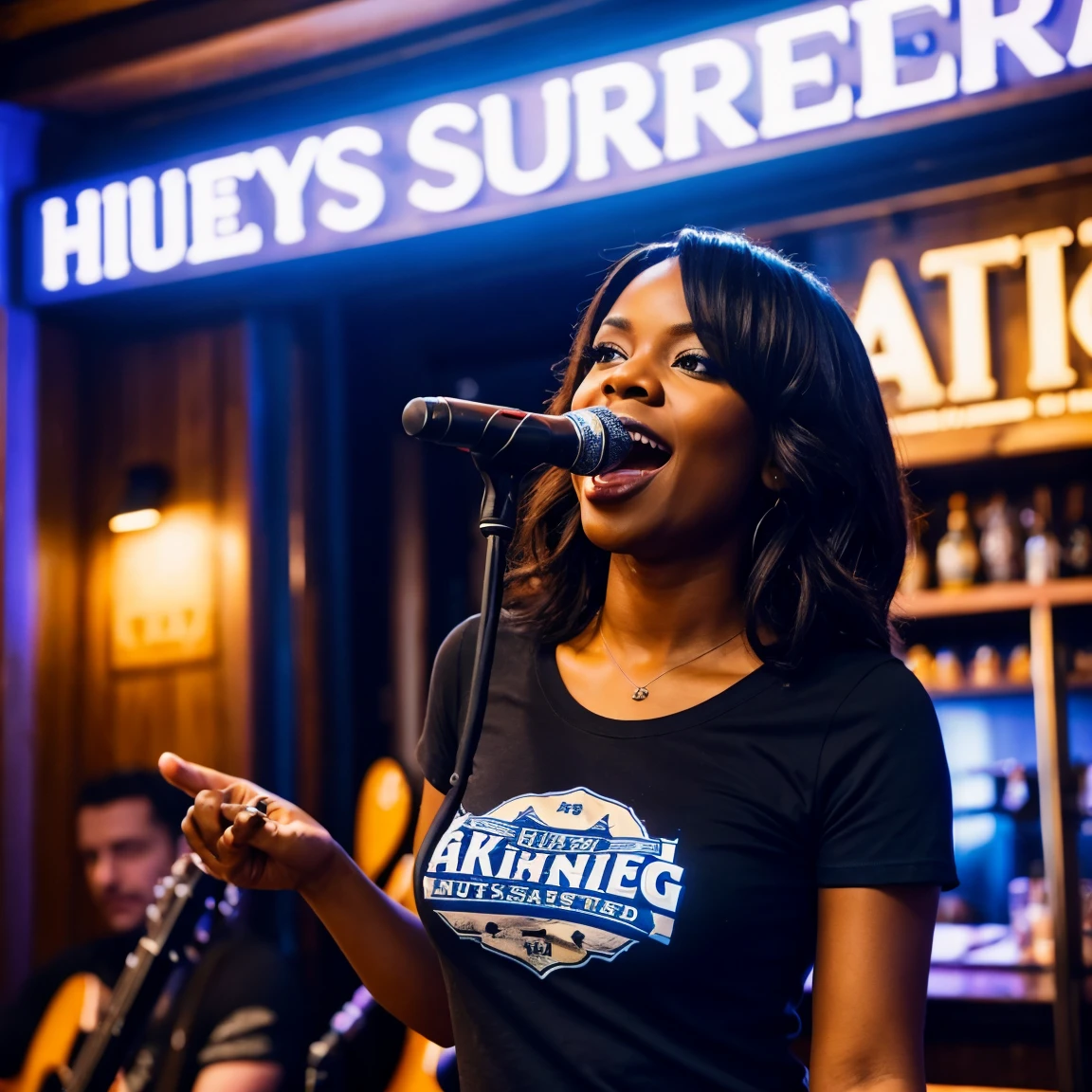 A very hot black female bluessinger singing in a pub, t shirt, microphone, band playing background 