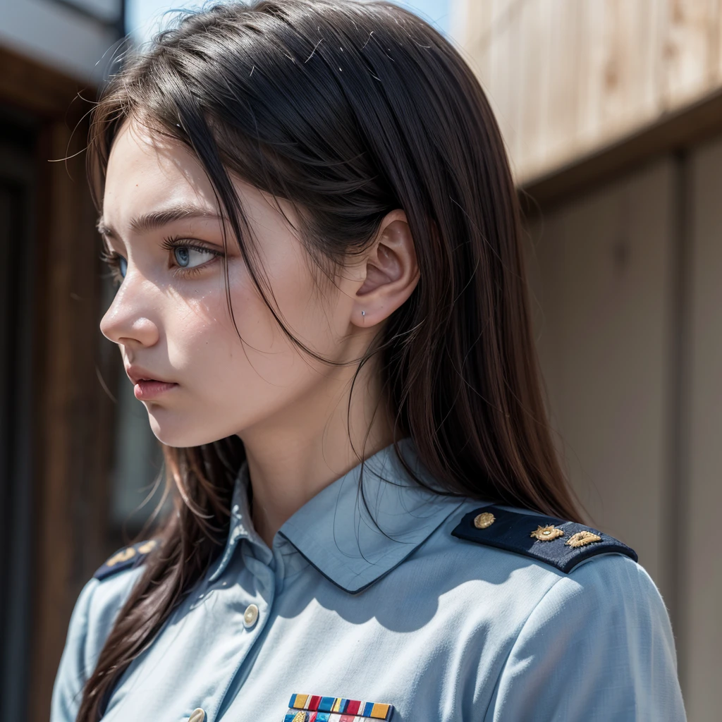 (young woman, 27 years, medium , Upper part of the body, by rubio, neutral facial expression, he would be, long hair, blue eyes), (military official uniform), 1 girl, Alone, officer military clothing, by rubio, long hair, simple background, Profile, Looking to the right, sfw