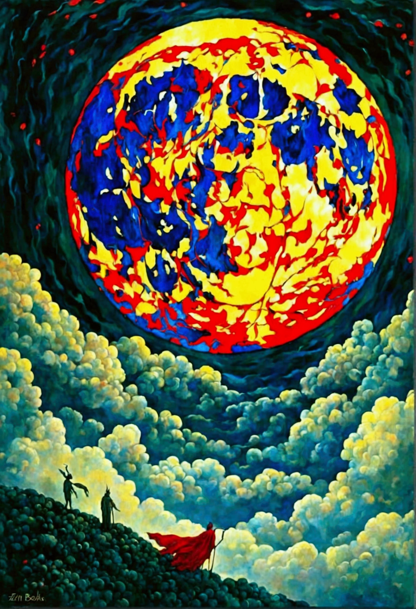 Mythical creatures, author:Zdzislaw Beksiński and Vincent van Gogh, Red moon and big aiucha