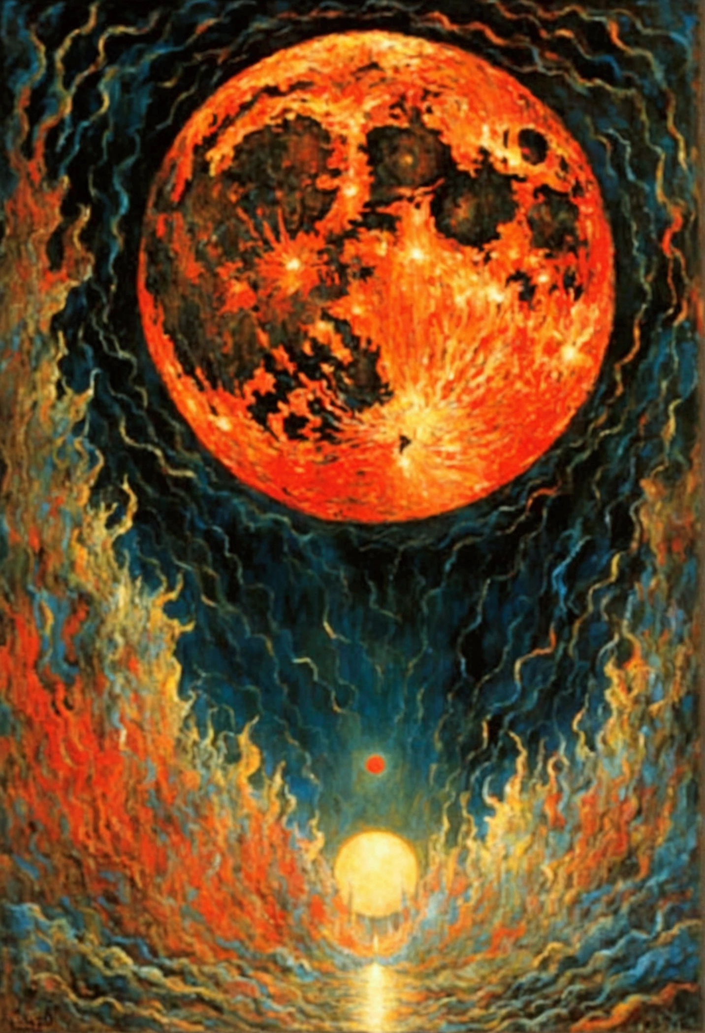 Mythical creatures, author:Zdzislaw Beksiński and Vincent van Gogh, Red moon and big aiucha