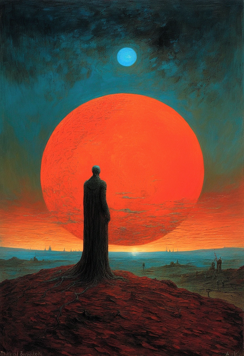 Mythical creatures, author:Zdzislaw Beksiński and Vincent van Gogh, Red moon and big aiucha
