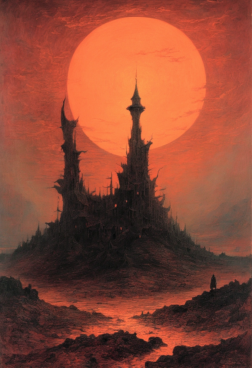 Mythical creatures, author:Zdzislaw Beksiński and Vincent van Gogh, Red moon and big aiucha