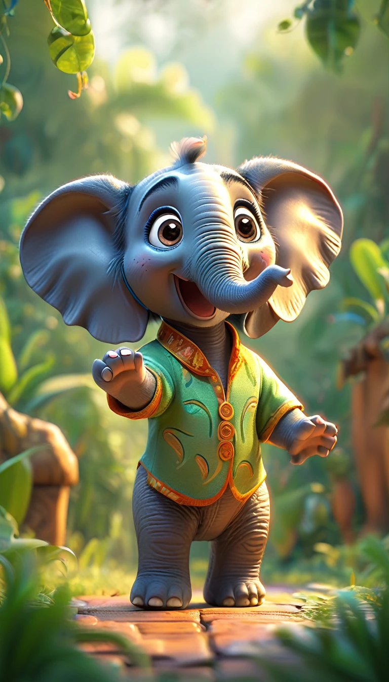 cute elephant, cartoon , arms, hands ,cute eyes, looking at viewer, arms up, clothes, florest background, detailed face