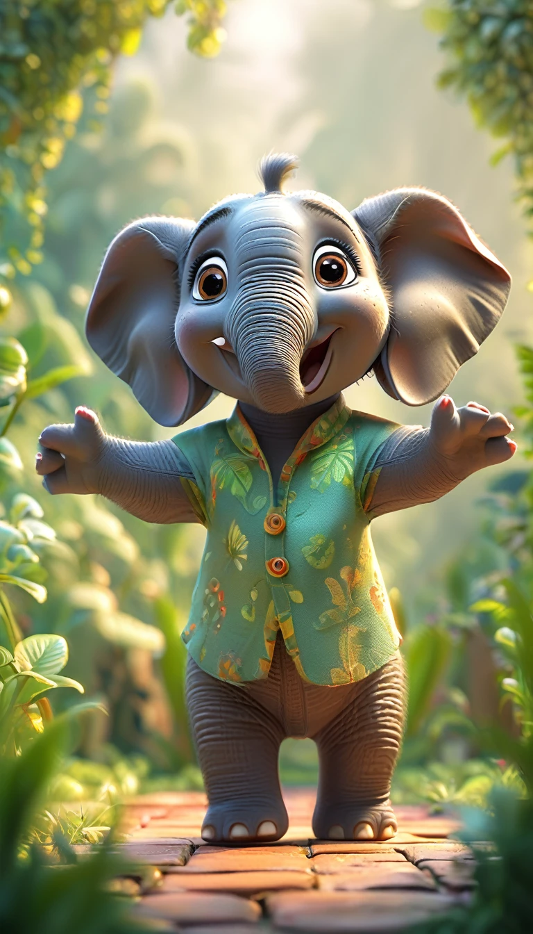 cute elephant, cartoon , arms, hands ,cute eyes, looking at viewer, arms up, clothes, florest background, detailed face