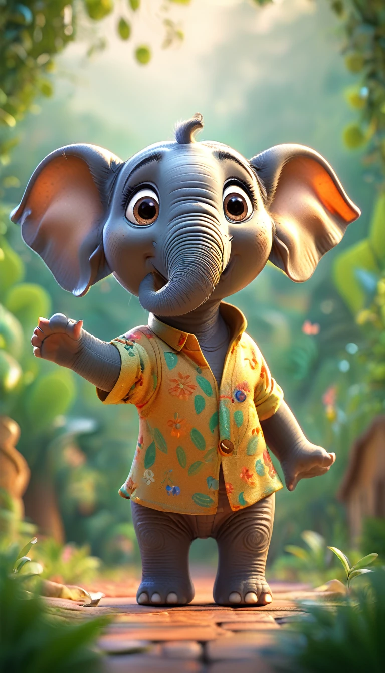 cute elephant, cartoon , arms, hands ,cute eyes, looking at viewer, arms up, clothes, florest background, detailed face