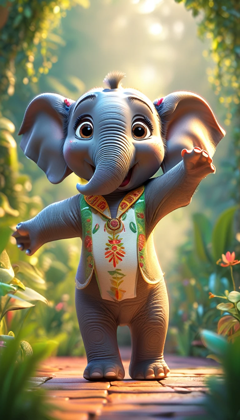 cute elephant, cartoon , arms, hands ,cute eyes, looking at viewer, arms up, clothes, florest background, detailed face