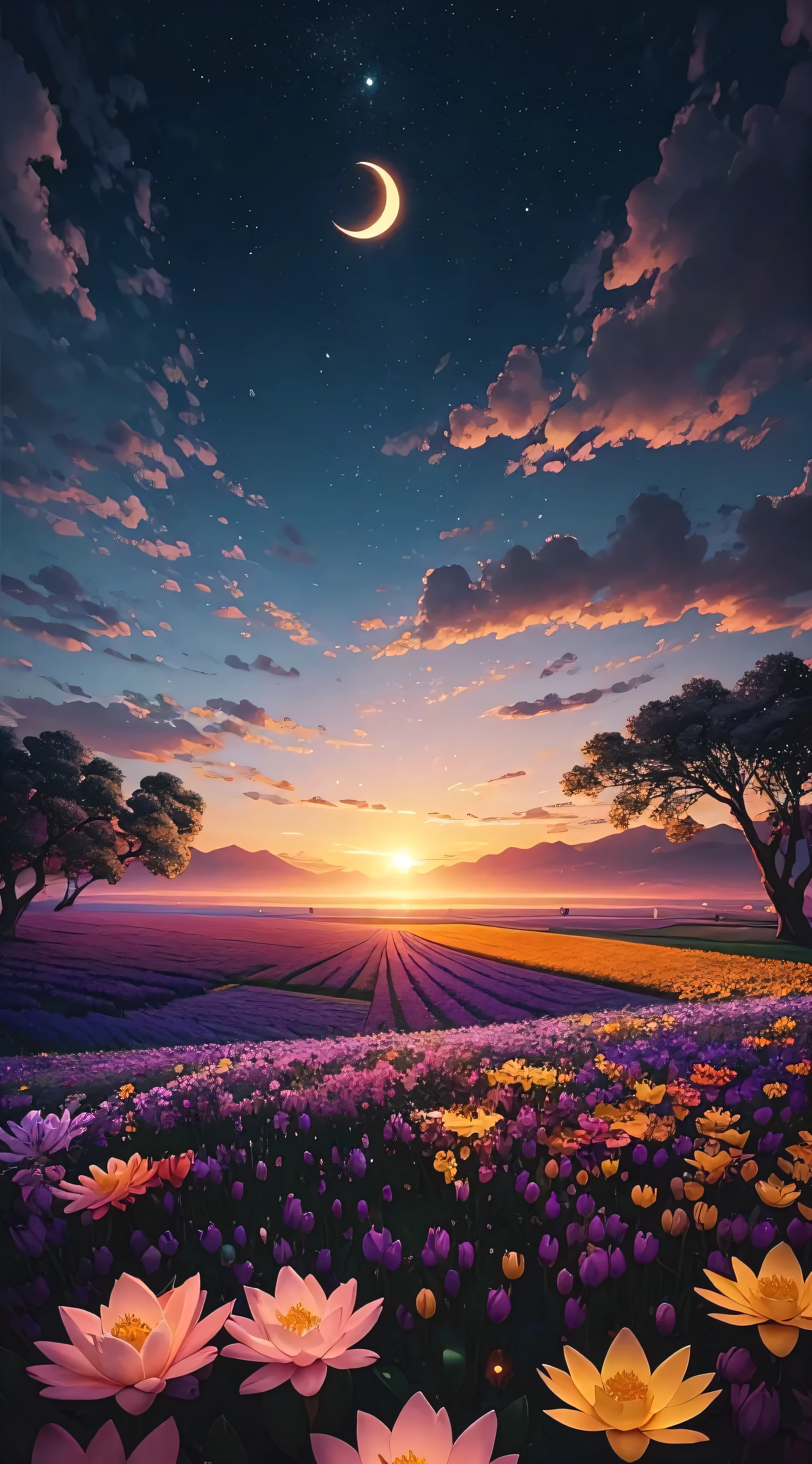 expansive landscape photograph，open blue sky，Bai Yun（Look from the bottom up，Above is the sky，Below are the open fields），There are many beautiful flowers（fullmoon：1.2）， break art，（Warm Light Source：1.2），，lots of purples and oranges，Complicated Details，BREAK Volumetric Lighting（Masterpiece artwork：1.2），（best qualityer），4K，ultra detali，（dynamic combination：1.4），rich in detail，many colors，（Iridescent Cor：1.2），（shine light，ambient lighting），dream magical，magical，（only：1.2）golden golden light，many lotuses