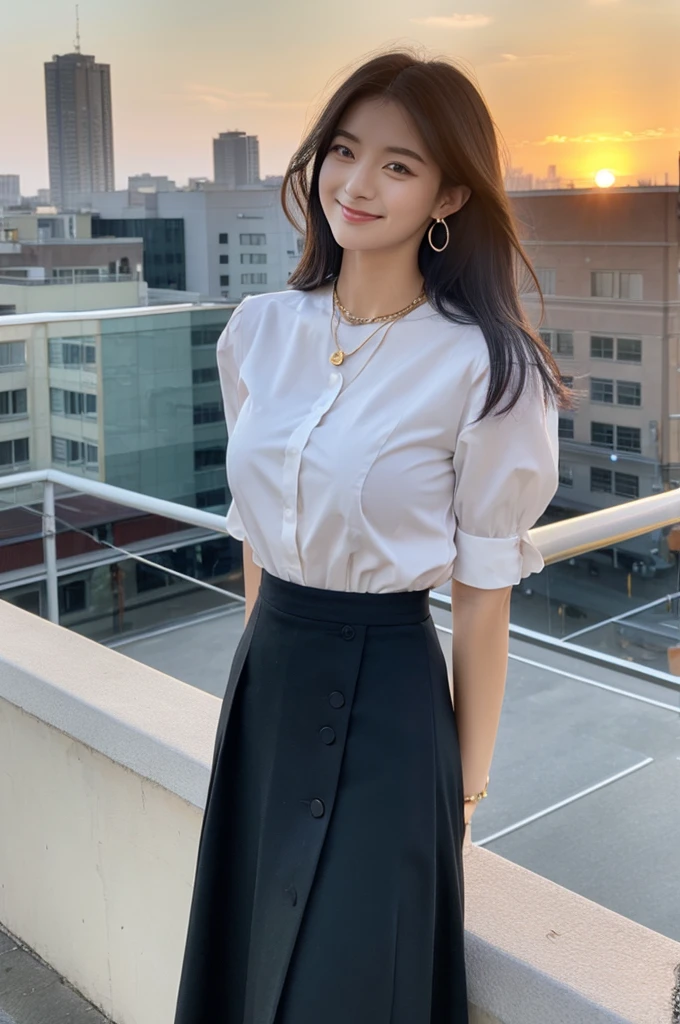 Rooftop of university building, 4th year university student, ((full body)), ((photo)), ((best qualtiy, 8K, tmasterpiece:1.3)), Focus:1.2, perfect figure beautiful girl:1.4, 1girl, cowboy shot, look at viewer, eyes facing the camera, incredibly absurd, beautiful and cute girl with a photorealistic face, showcasing top-quality craftsmanship, A Japanese girl watching the sunset on the roof of a university building, 19 years old, long, straight, silky black hair, fair skin, big eyes, thin eyebrows, double eyelids, long eyelashes, pink lips, smile, devilish smile, gorgeous features, well-defined facial features, beautiful face line, mysterious beauty, slender, tall, well-balanced proportions, large E-cup breasts, white shirt, tight black skirt, beige pumps, gold necklace and bracelet, small earrings, elegant ring, pretty girl, beauty, devilish type, pretty older sister, passionate about art, sociable, friendly, positive, has leadership skills, is proactive, is flexible, gets things done efficiently, works hard towards dreams and goals, March