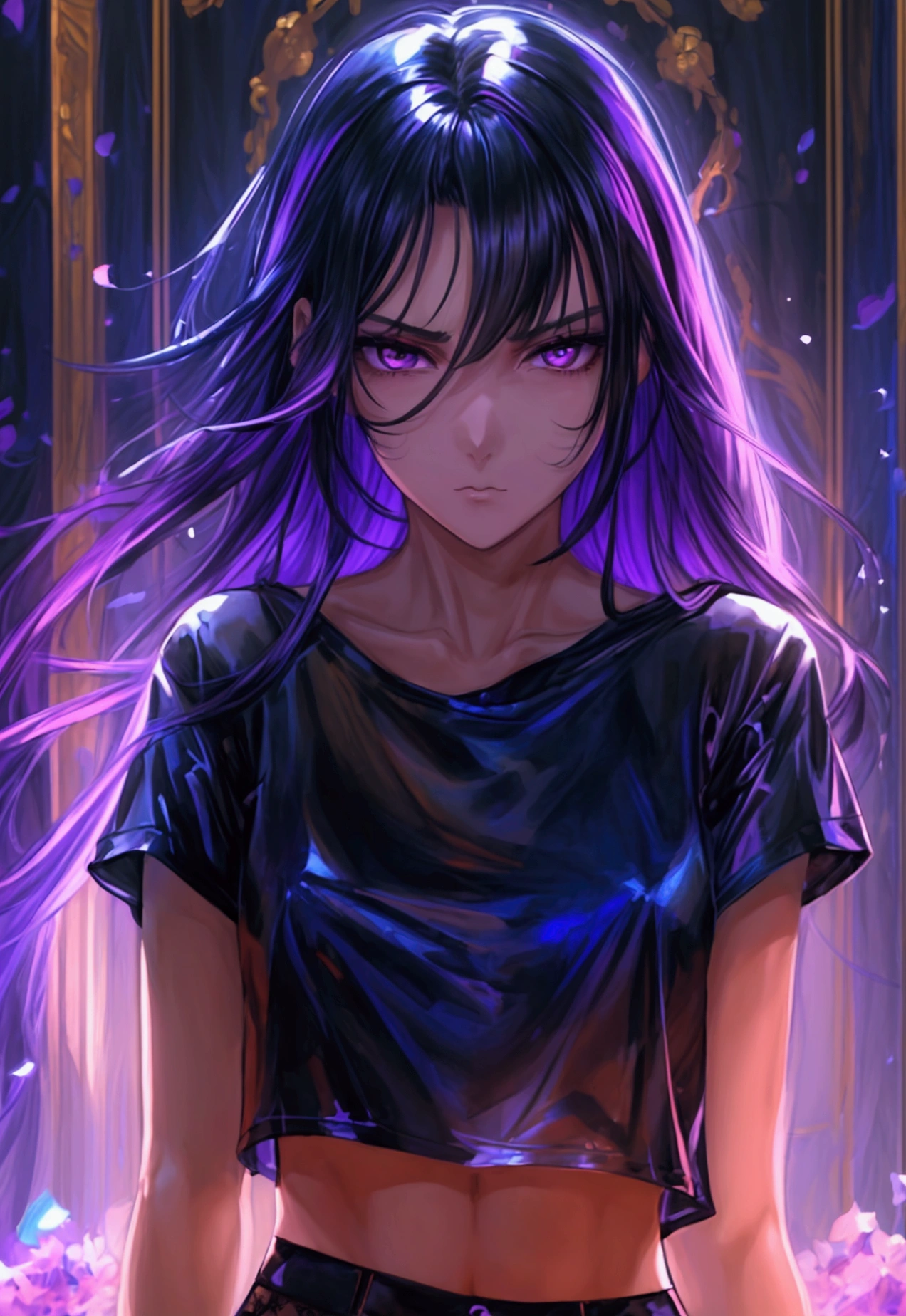 masterpiece, highly detailed, highest quality, high resolution, (1 girl), plain oversized T-shirt, ankle length socks, inky black violet hair, sharp facial features, arrogant and disdainful expression, high-bridged nose, medium height(175cm) slender and slim hourglass body, velvet-colored eyes)dark crimson with a mix of purple)