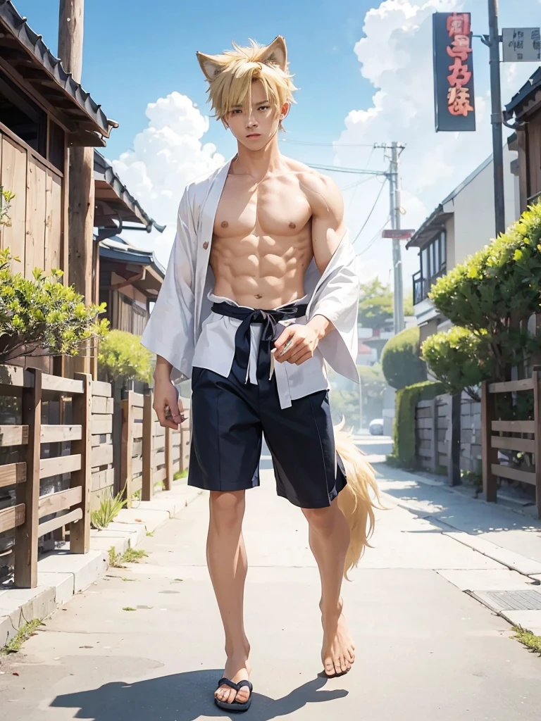 16 year old boy with blonde hair wolf tail and ears walking with a yukata open on his muscular chest