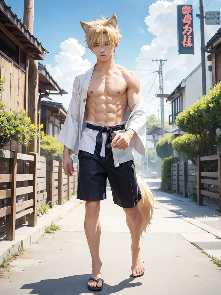 old boy with blonde hair wolf tail and ears walking with a yukata open on his muscular chest