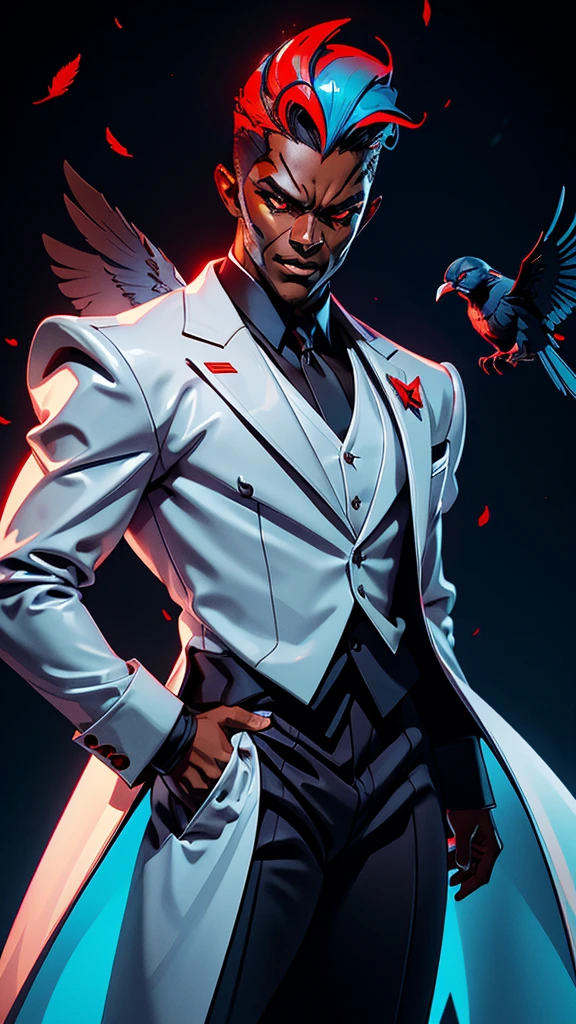 A captivating Dutch-shot of a dark-skinned villain boy with a white tuxedo, his magnificent red crystalline cyan eyes awakening and emitting a radiant reflective cyan light, against a background of falling crow's feathers, 4k, UHD, HDR, ultra-detailed, realistic, photorealistic, sharp focus, physically-based rendering, vivid colors, studio lighting, masterpiece