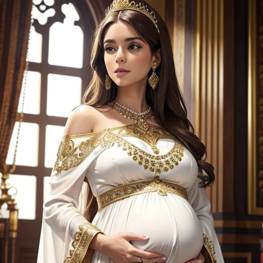 Beautiful pregnant queen, brown hair, ornate white dress with gold details, 
