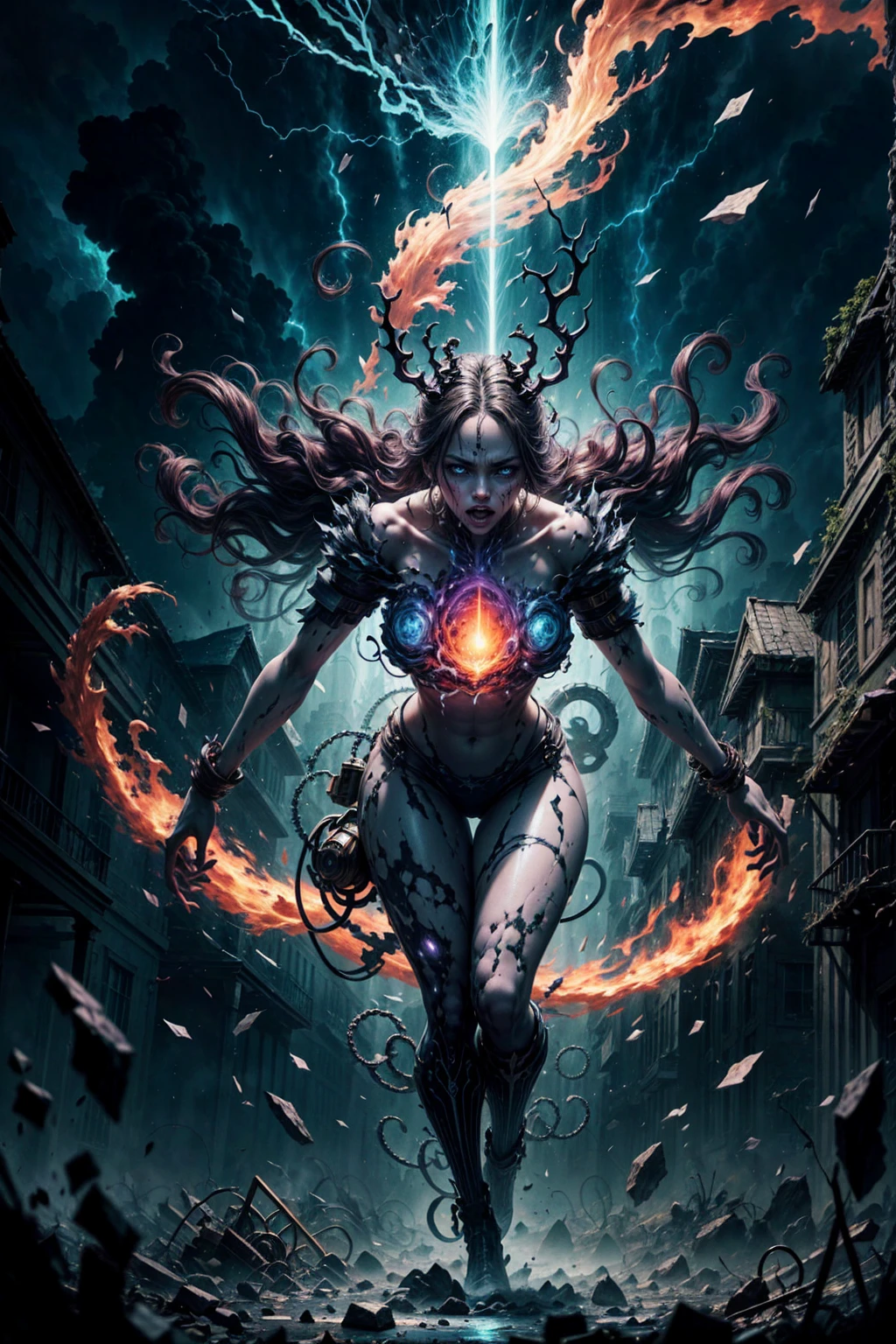 BREAK 
In the foreground, two towering femenine female PrimordiaNsFW, ls emerge from a swirling vortex of chaotic energy, (chaos engine:1.5). Their forms are ethereal and ever-shifting, defying any fixed shape or definition. They appear as colossal figures composed of swirling tendrils of darkness, melding seamlessly with flickering fragments of vibrant, iridescent hues. These chaotic elements intertwine, creating a sense of constant motion and fluidity.
BREAK 
The Primordials' presence is both awe-inspiring and unsettling. They radiate an intense aura of energy, manifesting as crackling arcs of lightning that dance across their bodies. Glowing, fiery eyes peer through the chaos, hinting at their ancient wisdom and untamed power. Each Primordial possesses a unique visual characteristic, representing their distinct essence within the chaos.
BREAK 
In the background, the environment reflects the disruptive nature of chaos. The landscape is fragmented and shattered, as if torn apart by unseen forces. Jagged rocks and floating debris are suspended in mid-air, defying gravity. The sky is a swirling maelstrom of colors, transitioning from deep purples and blues to vibrant oranges and reds, symbolizing the spectrum of chaos's influence.
BREAK 
Throughout the composition, various symbolic elements reinforce the theme of chaos. Tangled strands of thorny vines extend from the Primordials, intertwining with the chaotic energy, representing the destructive nature of chaos. Broken chains lie scattered on the ground, symbolizing the release from imposed order and the liberation that chaos brings. An ancient tome lies open, its pages fluttering uncontrollably, signifying the incomprehensible nature of chaos.
BREAK The lighting in the image is dynamic and intense, casting dramatic shadows that further enhance the sense of depth and mystery. This lighting illuminates the chaotic tendrils, causing them to glow and pulsate with an otherworldly luminescence.
