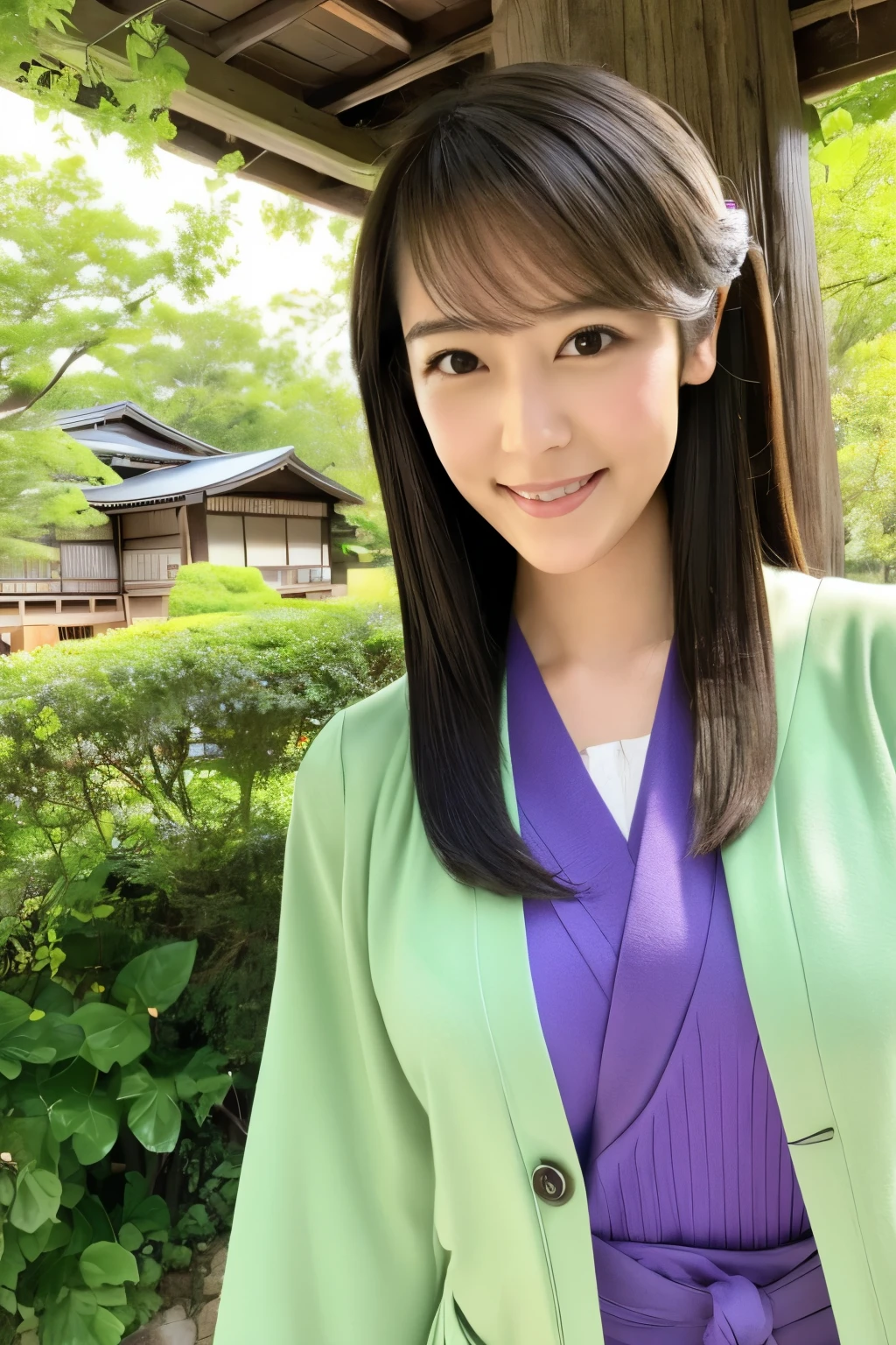 Create a high-quality, hyper-realistic portrait of a beautiful Japanese woman standing outdoors. She has long, straight black hair and is smiling warmly at the camera. She is wearing a traditional Japanese outfit with a purple outer layer and a green obi, which is a wide belt. The background should feature lush, green foliage, suggesting a serene and natural environment. The lighting should be natural and soft, highlighting her facial features and the texture of her clothing. Ensure the image has detailed facial features, expressive eyes, and an anatomically correct body structure. The overall composition should be bright and vibrant, capturing the elegance and beauty of the woman and her surroundings.