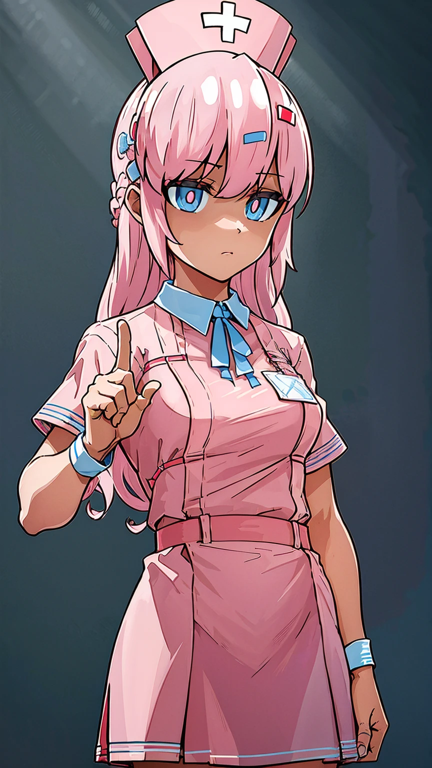 ((masterpiece)), ((Best quality)), (A high resolution:1.3), (Professional photography:1.2), 1 girl (Bianca Abercrombie), One, Bandage, cross Bandage, ((raise your middle finger)), розовый hair, Blue eyes, pink pupils, shy, plasters on hands, Pink nurse clothes, nurse cap, (nurse uniform), Cross decoration, nurse, Tsundere face, raise your middle finger