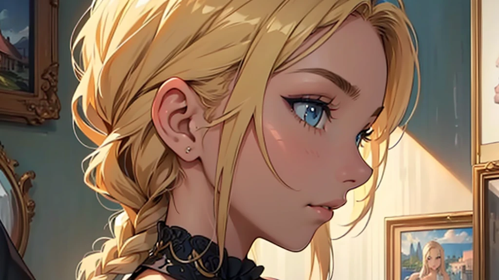 ((best quality)), ((work of art)), ((detailed)), young woman, in profile, blonde hair with braids, seductive gaze