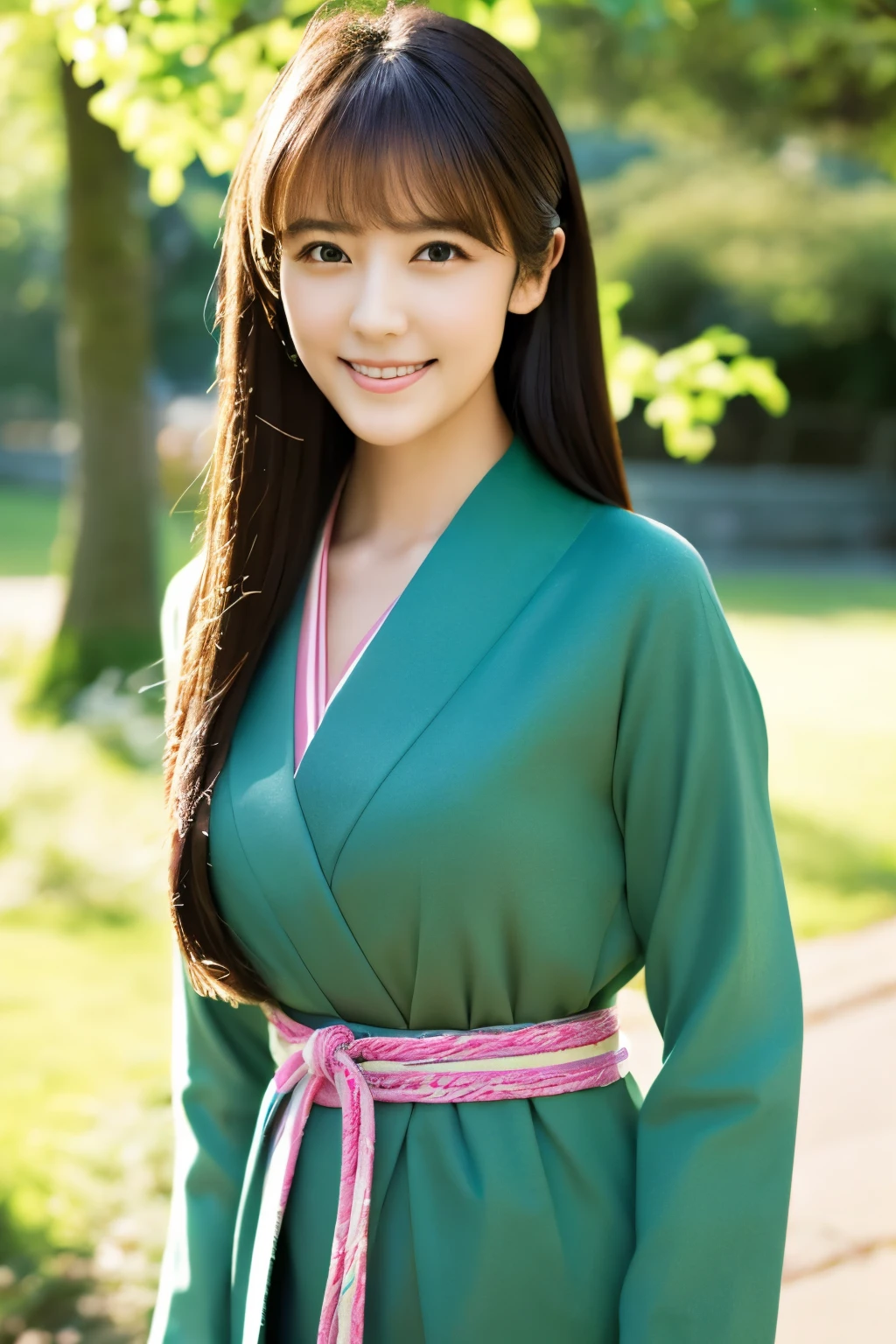 Create a high-quality, hyper-realistic portrait of a beautiful Japanese woman standing outdoors. She has long, straight black hair and is smiling warmly at the camera. She is wearing a traditional Japanese outfit with a purple outer layer and a green obi, which is a wide belt. The background should feature lush, green foliage, suggesting a serene and natural environment. The lighting should be natural and soft, highlighting her facial features and the texture of her clothing. Ensure the image has detailed facial features, expressive eyes, and an anatomically correct body structure. The overall composition should be bright and vibrant, capturing the elegance and beauty of the woman and her surroundings.