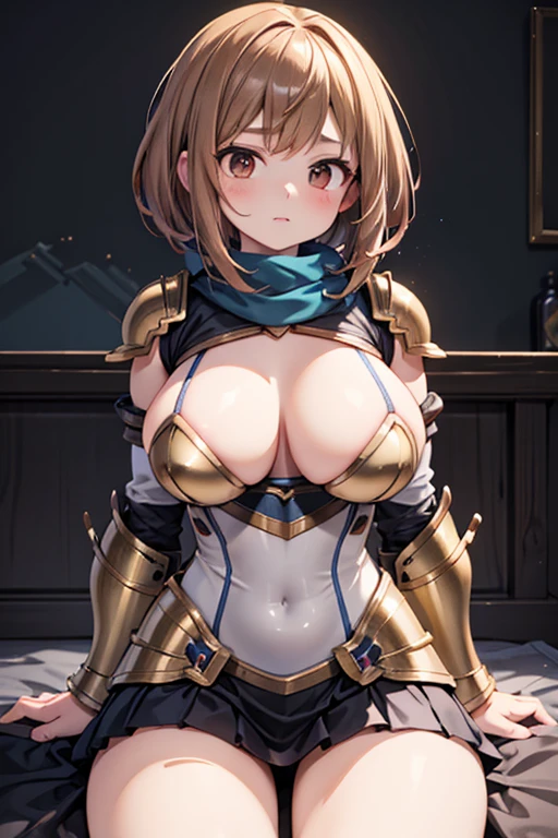 Masterpiece, absurdities, good detail, HDR,highly detailed armor with gold plating, shiny armor, photorealistic,PLD_armor, a female knight in armor, wearing PLD_armor, blue scarf ochako uraraka very big chest