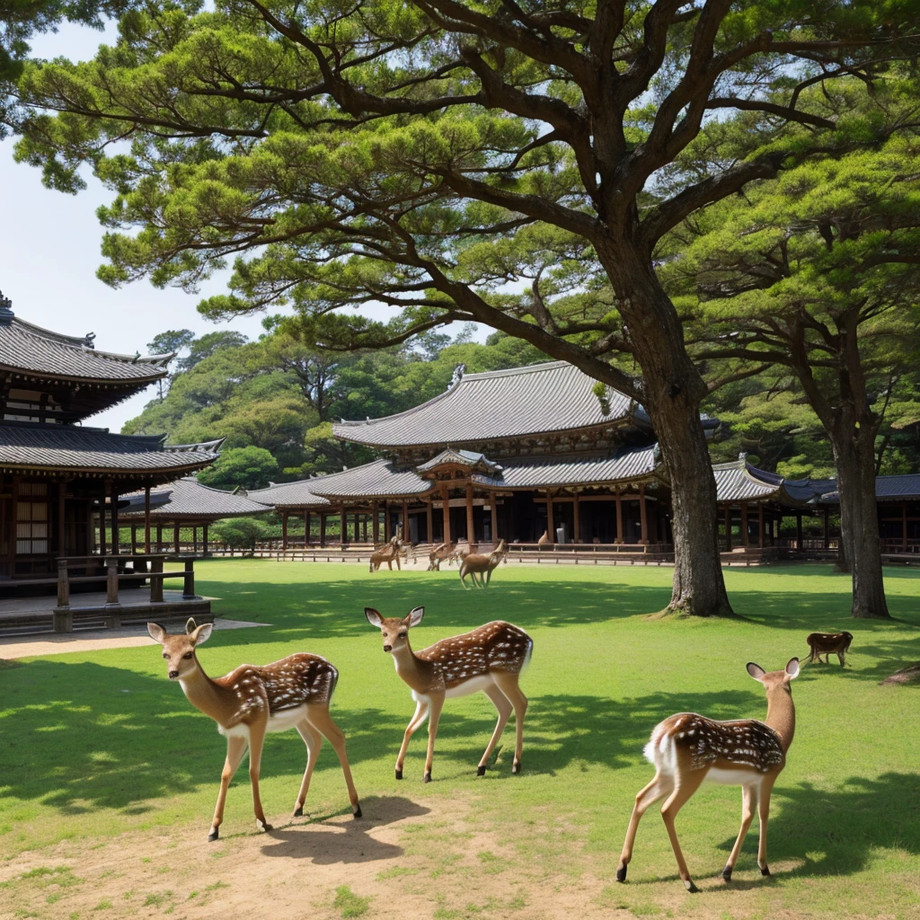 Nara Park、A mother and her baby deer in the distance、Todaiji Temple can be seen in the background、I don't need people