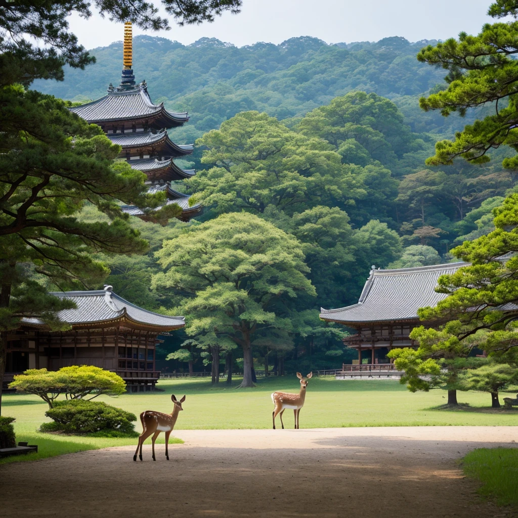 Nara Park、A mother and her baby deer in the distance、Todaiji Temple can be seen in the background、I don't need people