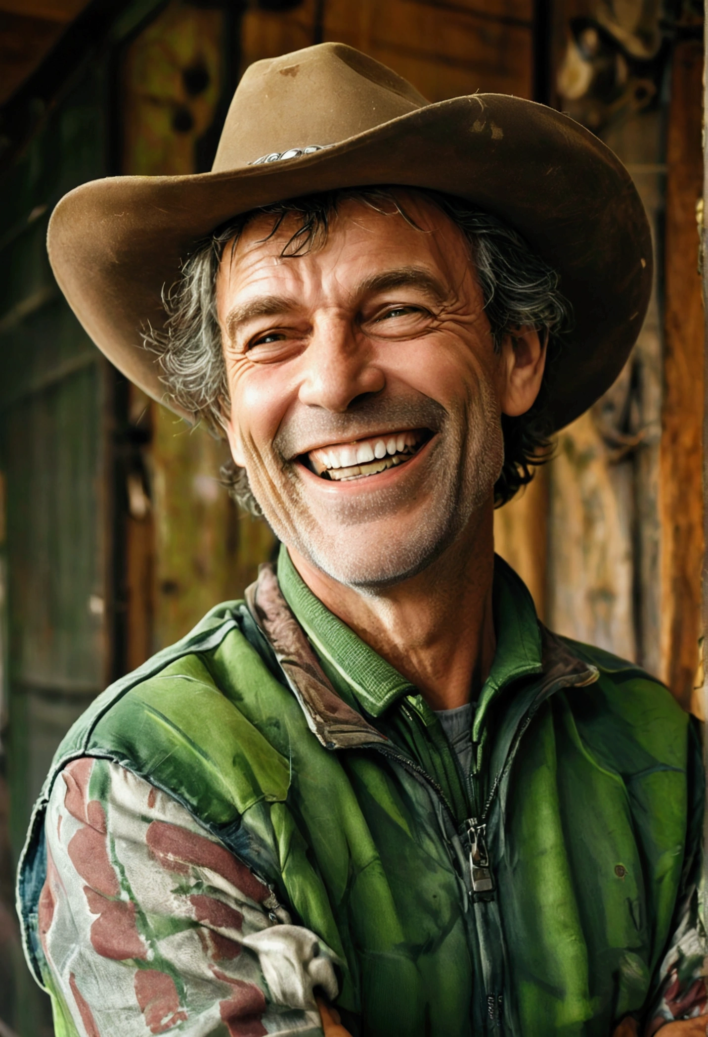 graphic novel, comic, western facial features, middle-aged man, happy, grey, big smile, white teeth, big laugh. One character only, isolated. body and legs, jeans and green tracksuit