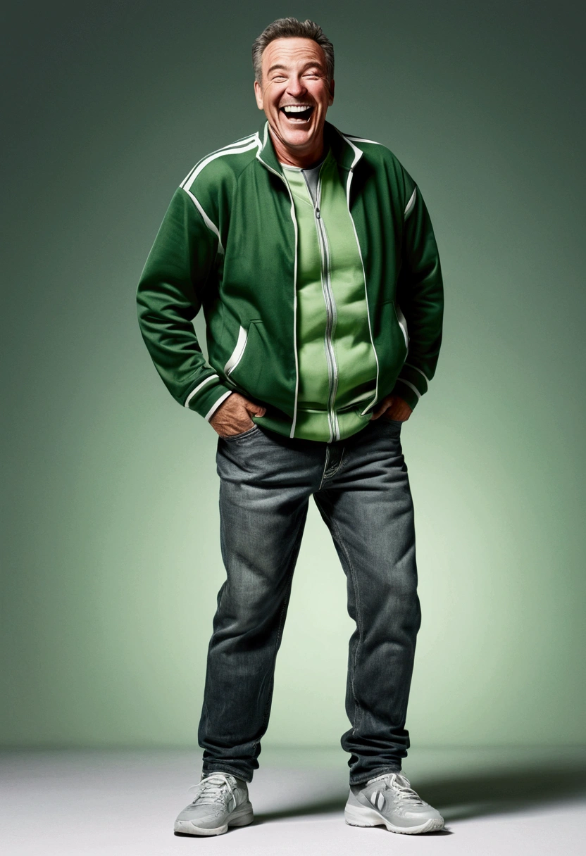 graphic novel, comic, western facial features, middle-aged man, happy, grey, big smile, white teeth, big laugh. One character only, isolated. body and legs, jeans and green tracksuit