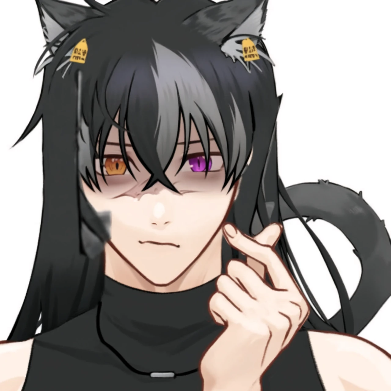 Cat girl, Demon Slayer Anime, Focus of weapons，grey and black hair, different color eyeballs，fangs，(bone sword in hand:1.5)，Elements of danger and tension，ripped  black shirt, Demon Slayer uniform, Black trousers, Finding, moon, night, Dynamic pose, Temple, vision