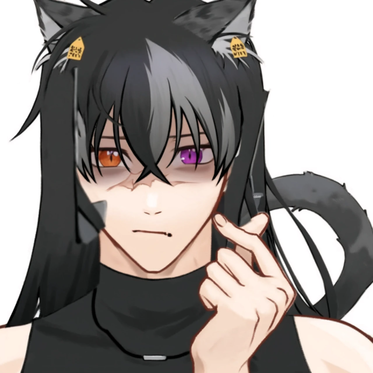 Cat girl, Demon Slayer Anime, Focus of weapons,grey and black hair, different color eyeballs,fangs,(bone sword in hand:1.5),Elements of danger and tension,ripped black shirt, Demon Slayer uniform, Black trousers, Finding, moon, night, Dynamic pose, Temple, vision