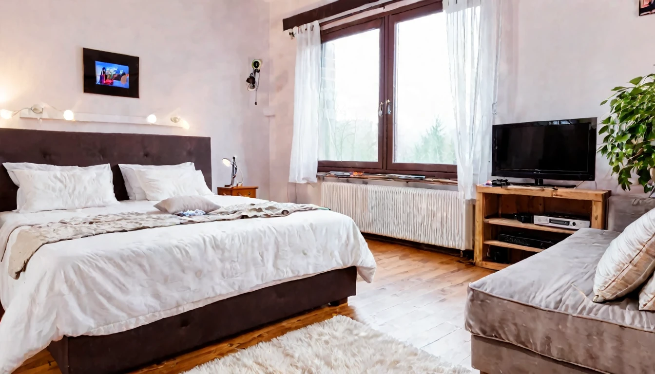 small humble studio, television, bed, sofa, cozy, tense atmosphere, no people in the place