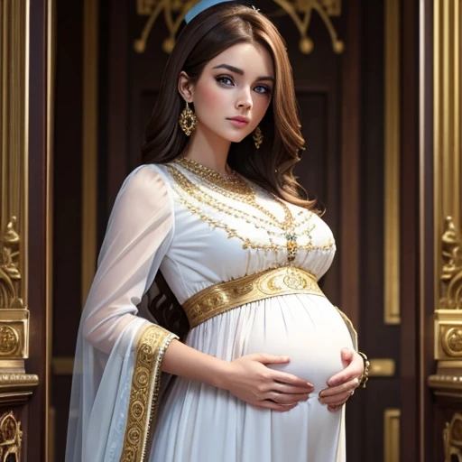 Beautiful pregnant queen, brown hair, blue eyes, ornate white dress with gold details, 