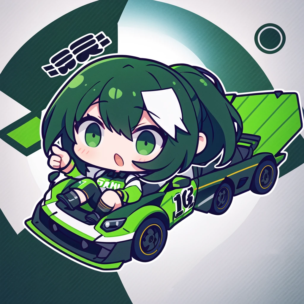 The logo of a car modification company called Infortunio,The logo features a girl with short black and green hair,Wear a racing suit,Thumbs up alone。
