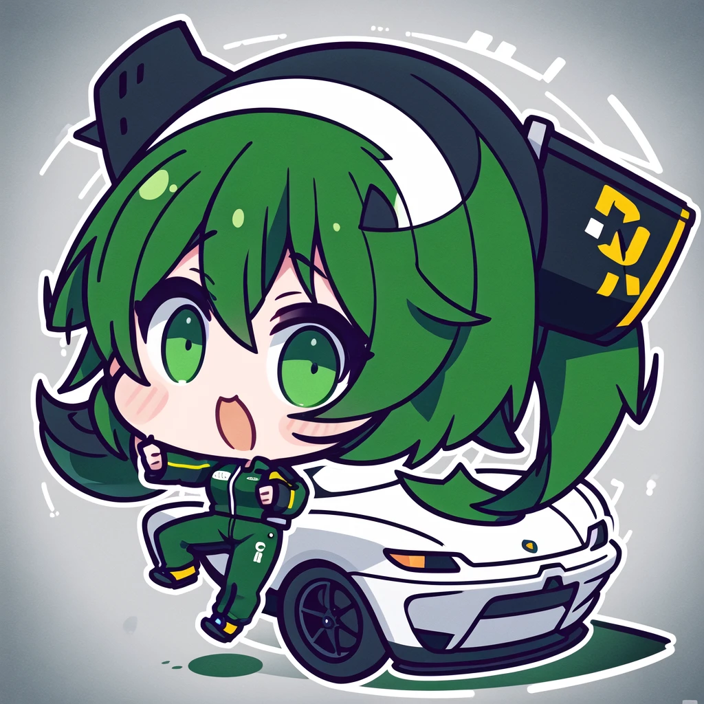 The logo of a car modification company called Infortunio,The logo features a girl with short black and green hair,Wear a racing suit,Thumbs up alone。