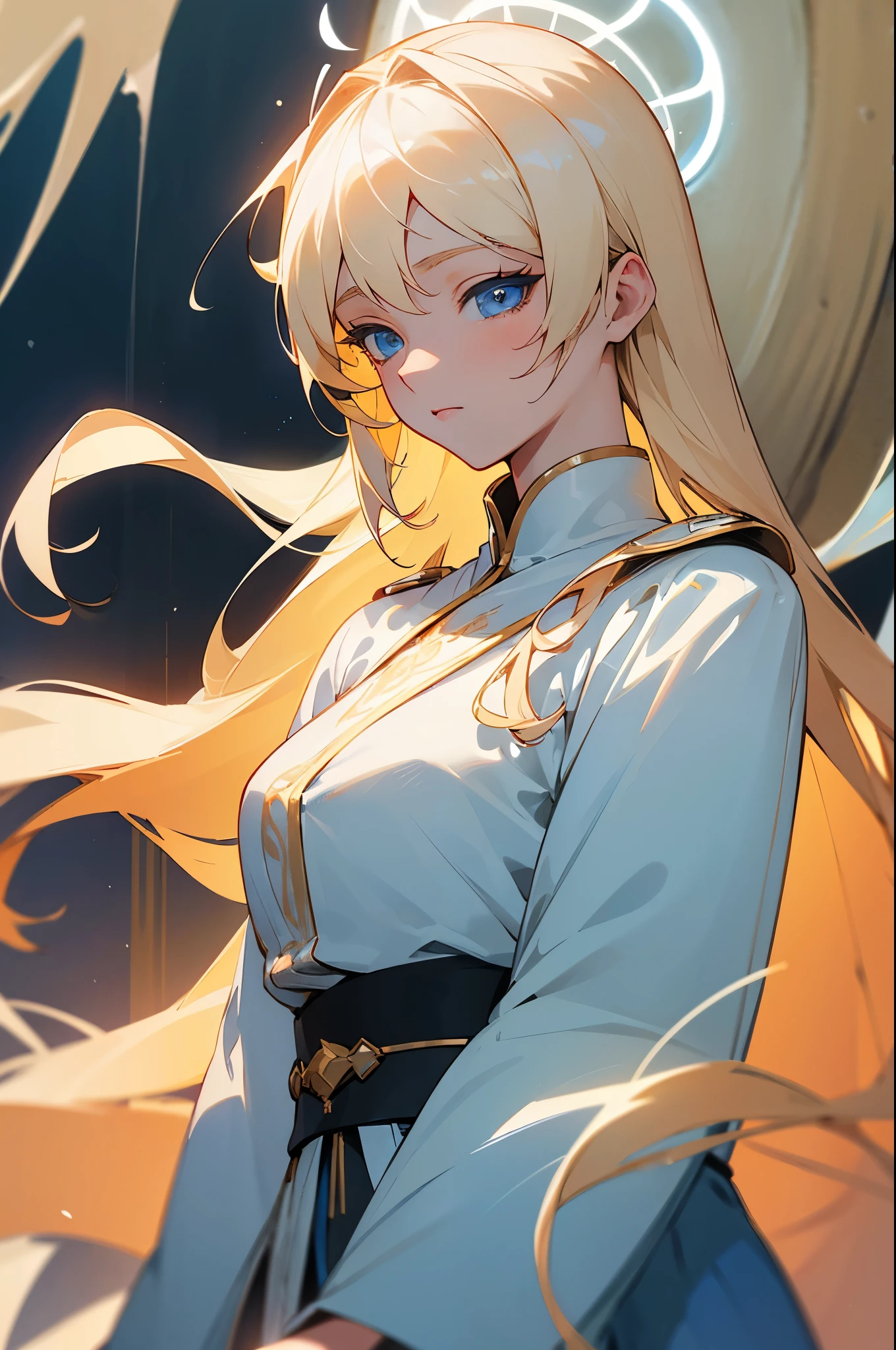 ((best quality)), ((masterpiece)), (detailed), female, soft, light complexion, regal, striking blue eyes, perfect eyes, bleach blonde hair, long hair, celestial deity, beautiful flowy outfit, grown, not young