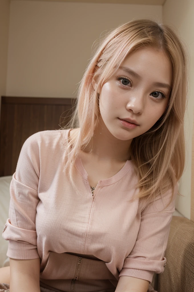 ((1girl)), 23 years old, pinky blond hair, brown eyes, korean, pretty, looking at viewer, casual clothes