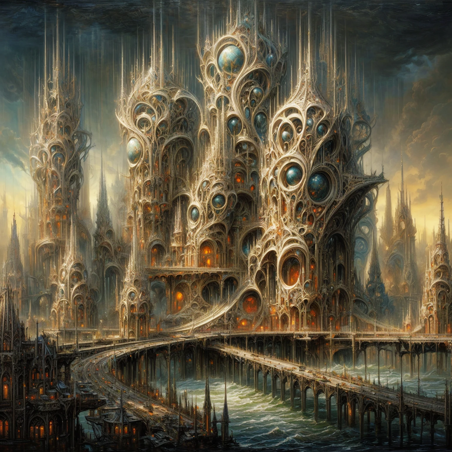 a painting of a futuristic city with a bridge and a bridge, symmetrical epic fantasy art, big and structured valhalla city, fantasy architecture, intricate futurism, surreal neuron city, peter gric and dan mumford, symmetrical fantasy landscape, in fantasy sci - fi city, intricate fantasy painting, highly detailed fantasy art, detailed fantasy digital art, visionary fractal structures