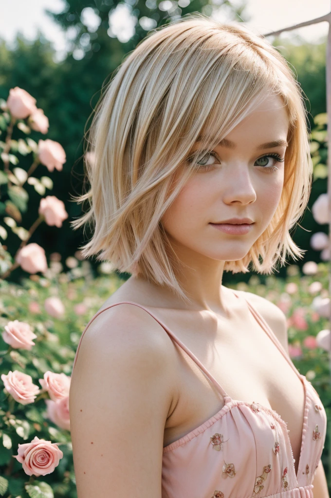 8k, photo and gross, fujifilm, Style photography of a beautiful young girl like Avril in a light pink rose garden. (very detailed skin: 1.2) Style-Petal BREAK short hair, blonde hair with colored highlights, wearing a dress, film grain, 35mm, beautiful style