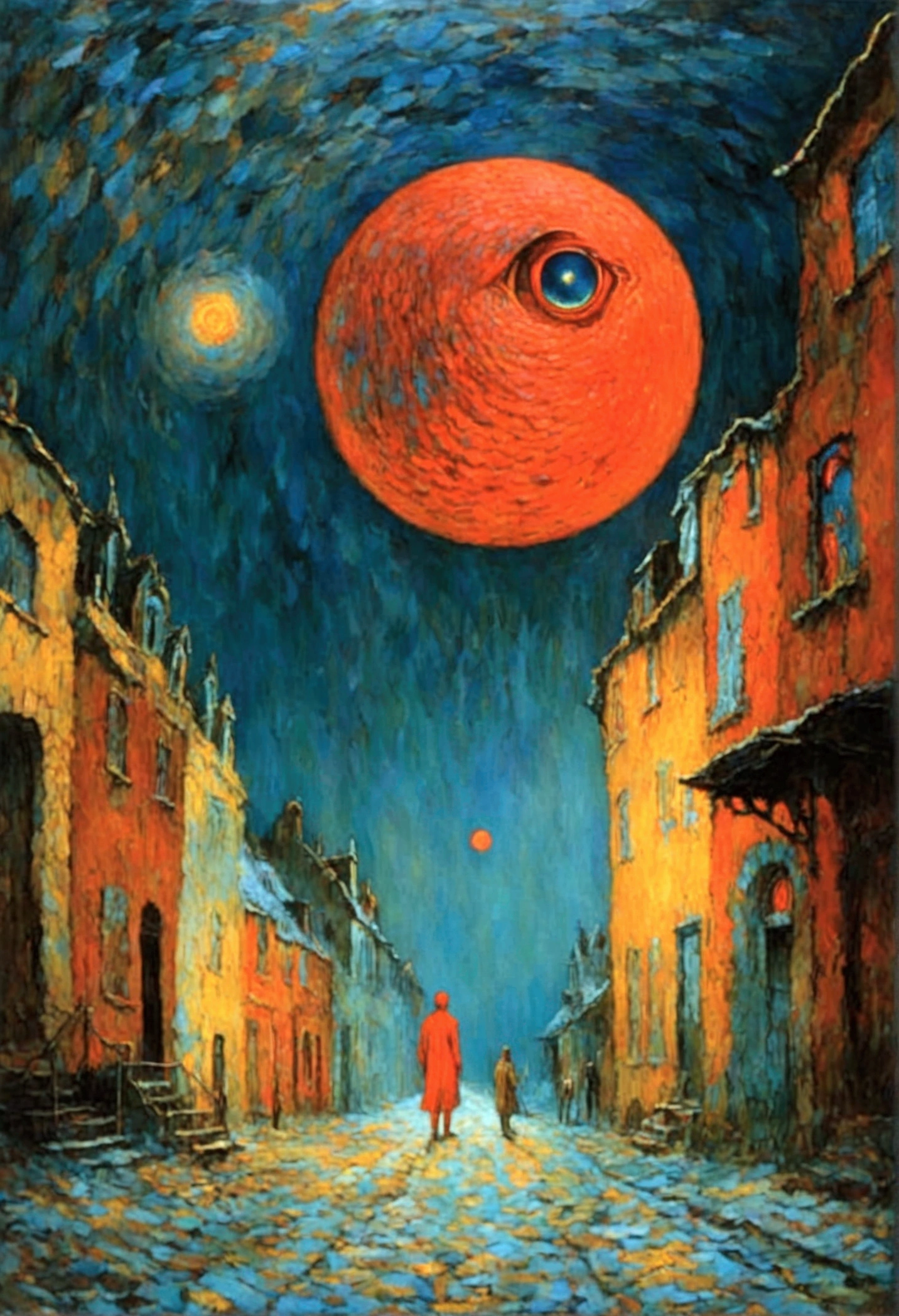 Mythical creatures, author：Zdzislaw Beksiński and Vincent van Gogh, Red moon and big eyeucha