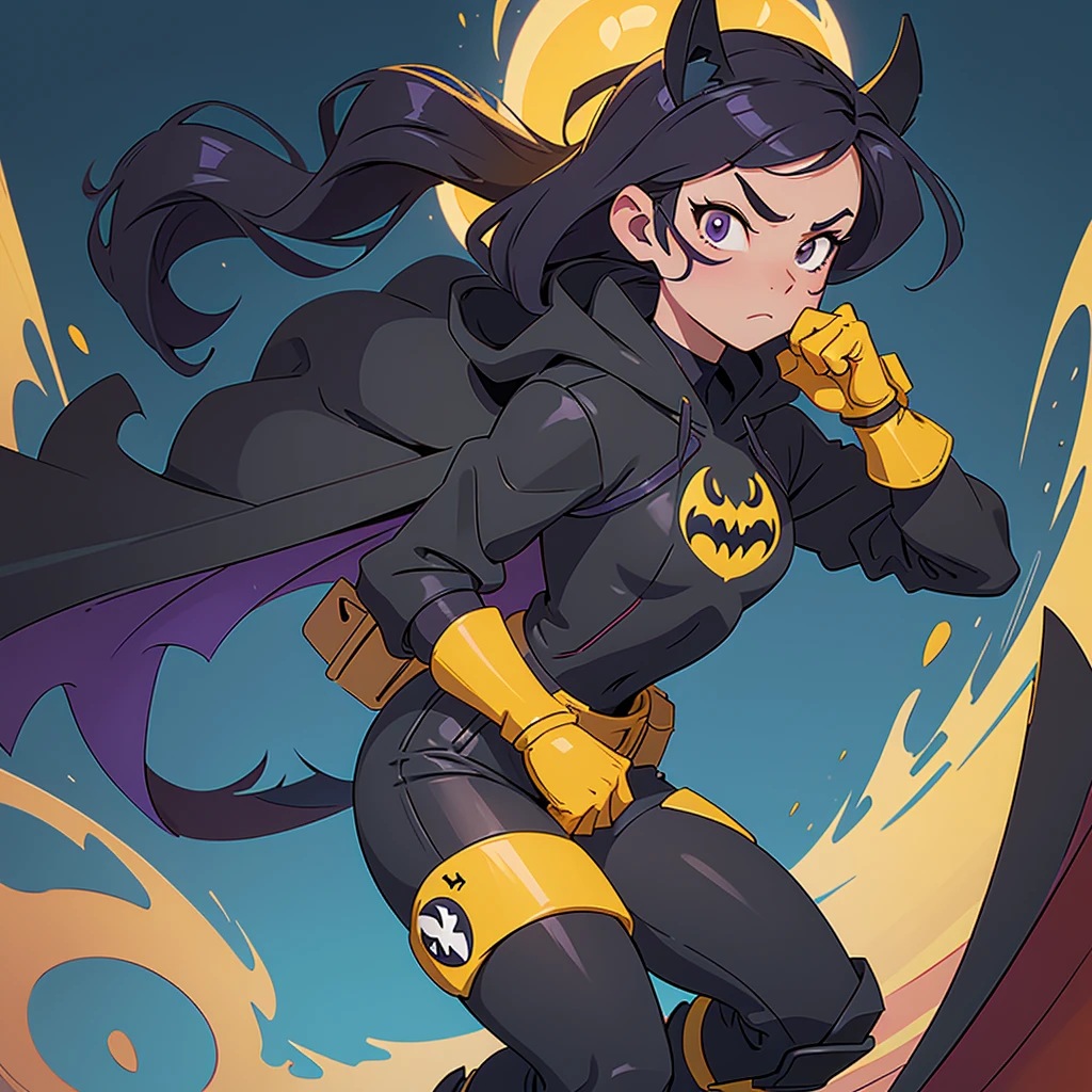 Disney 2D animation style fanart featuring Batgirl in the "Batgirl of Burnside" version: appearance of an 18 year old young adult. She wears a black mask covering the upper part of her face and head, leaving her hair loose in the red vortex below the mask. She wears a shorter black cape with yellow lining. Her outfit is purple with a yellow bat on her chest. It has a yellow utility belt with a more casual and modern design. His gloves and boots are yellow and resemble combat boots.