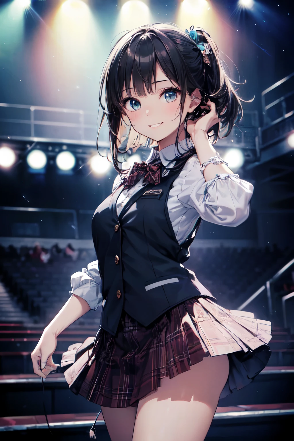very cute and beautiful girl,(highly detailed beautiful face and eyes),(smile:1.2),happy,
black hair,looking at viewer,dancing,singing,beautiful legs,cowboy shot,
idol costume like AKB48,akiba idol with detailed frills,plaid vest,plaid blue mini skirt,
skirt fluttered in wind,live stage,concert hall,spot light,
(best quality,masterpiece),absurdres,highres,ultra-detailed,extremely detailed,32k,8k resolution,
intricate details,cinematic scene,detailed background,solo,dynamic angle,(realistic),