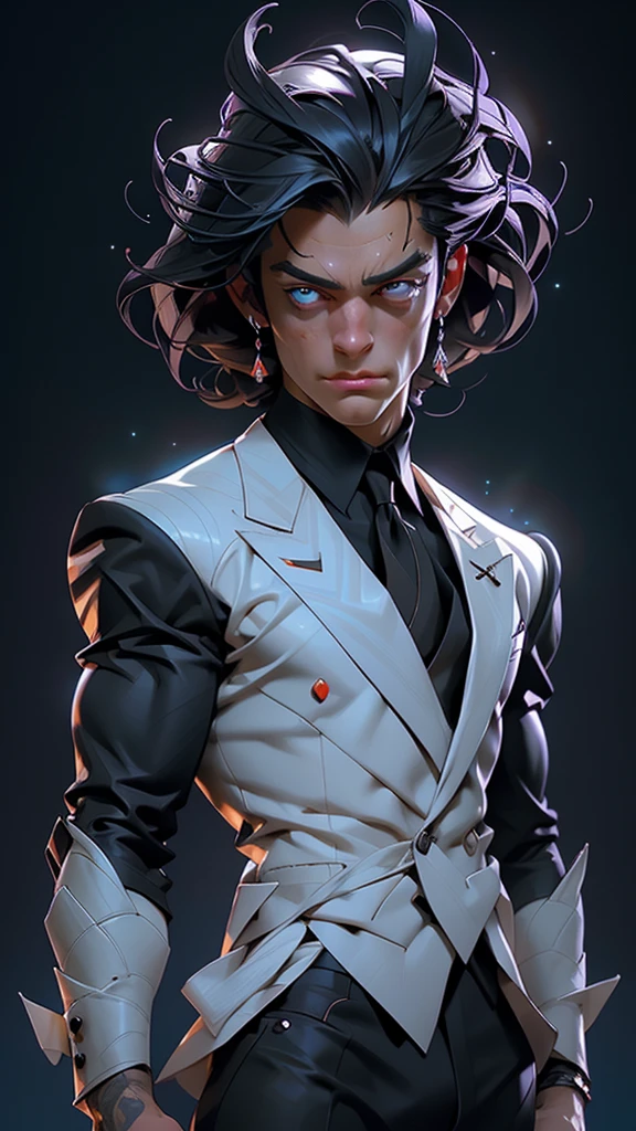 A captivating Dutch-shot of a dark-skinned villain boy with a white tuxedo, his magnificent red crystalline cyan eyes awakening and emitting a radiant reflective cyan light, against a background of falling crow's feathers, 4k, UHD, HDR, ultra-detailed, realistic, photorealistic, sharp focus, physically-based rendering, vivid colors, studio lighting, masterpiece