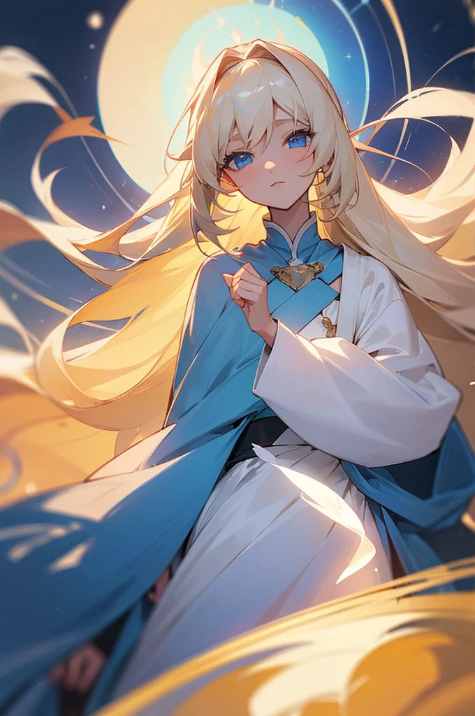 ((best quality)), ((masterpiece)), (detailed), female, soft, light complexion, regal, striking blue eyes, perfect eyes, bleach blonde hair, long hair, celestial deity, beautiful flowy outfit, grown, not young