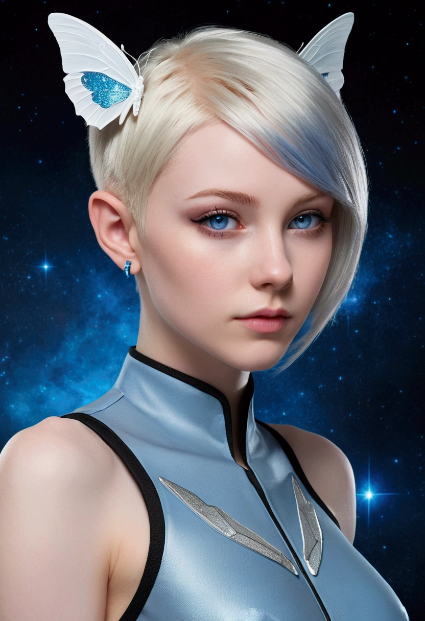 
A stunning 22-year-old woman with cat-like pointed ears, white butterfly cut hair, crystal blue eyes, and pale skin. She has a slender, well-defined body with a narrow waist and prominent, large breasts. Nyx is wearing a form-fitting gray and blue space uniform and has a piercing in the shape of a lance. She has a star-shaped birthmark below her left eye. Set on a realistic alien planet, she exudes confidence and curiosity, ready to explore the galaxy, starting with Earth.