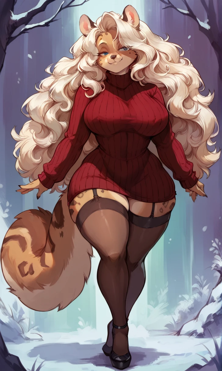 female anthro Snow leopard,Brown long fluffy hair, fluffy hair, squirrel ears, hyena, big breasts, attractive, knitted sweater hole dress, thicc body, thicc body, thicc, freckles, freckles on face, neutral expression, smug eyes, high heels, garter belt tights, she is standing (thick thighs:1.5)