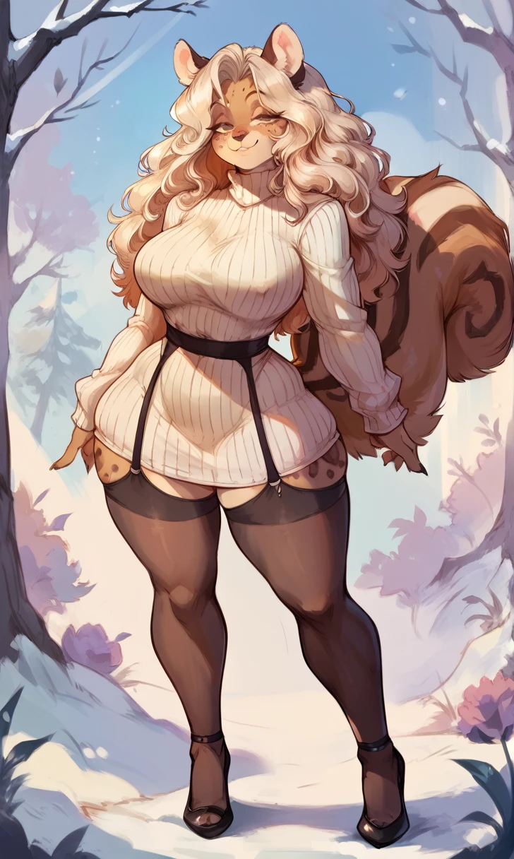 female anthro Snow leopard,Brown long fluffy hair, fluffy hair, squirrel ears, hyena, big breasts, attractive, knitted sweater hole dress, thicc body, thicc body, thicc, freckles, freckles on face, neutral expression, smug eyes, high heels, garter belt tights, she is standing (thick thighs:1.5)